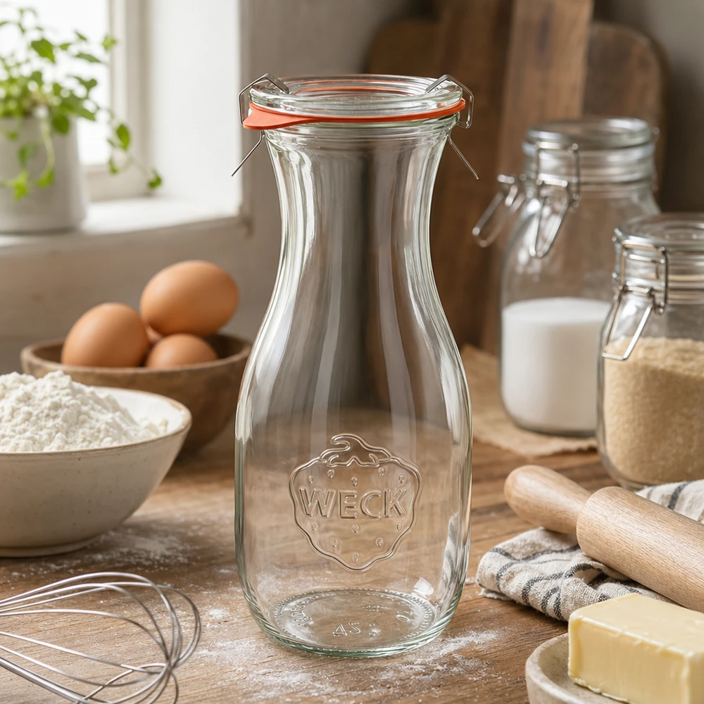 530 ml sapfles, compleet WECK RR60 WECK sapfles 530ml RR60 in keukenomgeving met bakingrediënten eieren bloem en boter op houten werkblad