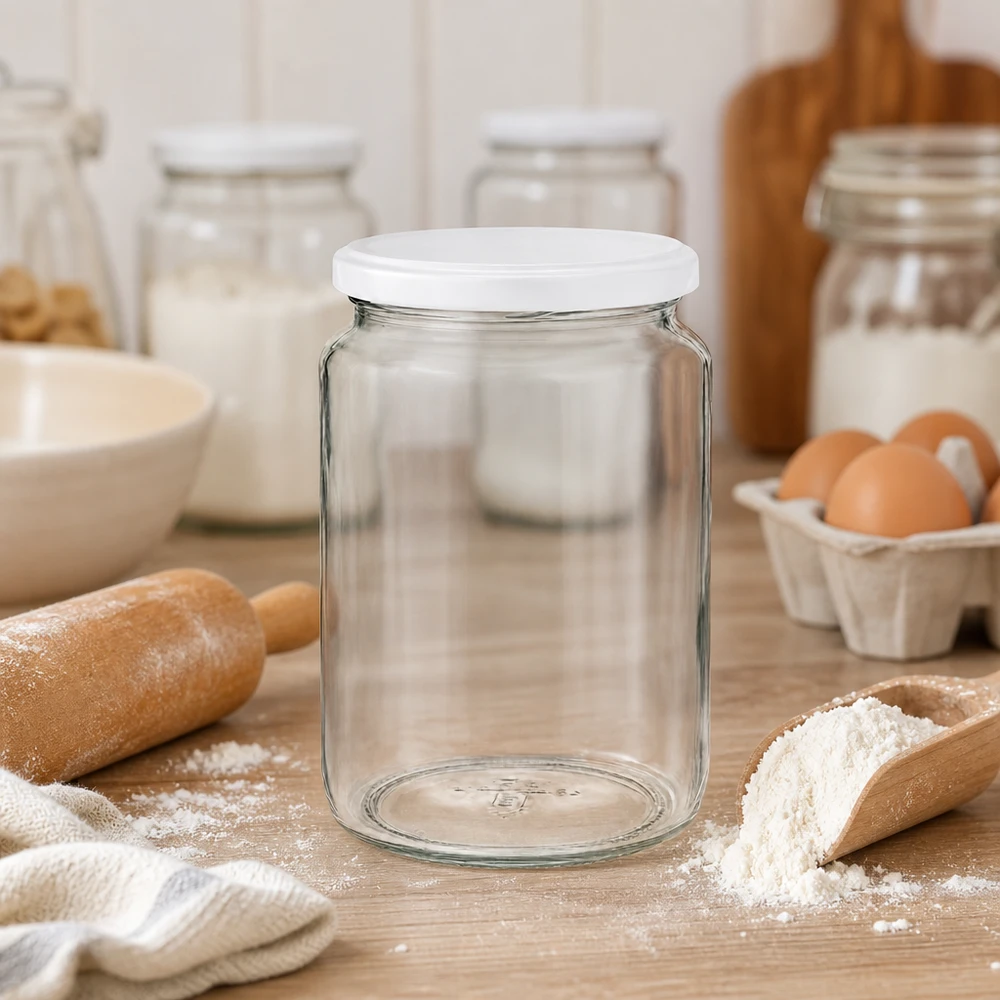 795ml rond glas met BasicSeal deksel wit UNiTWIST 795ml UNiTWIST ronde pot in keukenscène met bakingrediënten toont veelzijdig gebruik als voorraadpot voor bloem