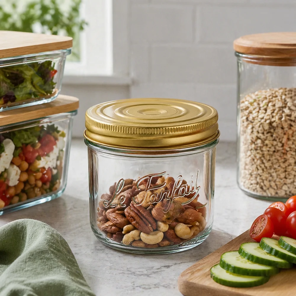 Le Parfait® Familia Wiss 350 g Ø100 mm pot 415ml Familia Wiss bekers met gouden deksel gevuld met noten op keukenblad naast groenten