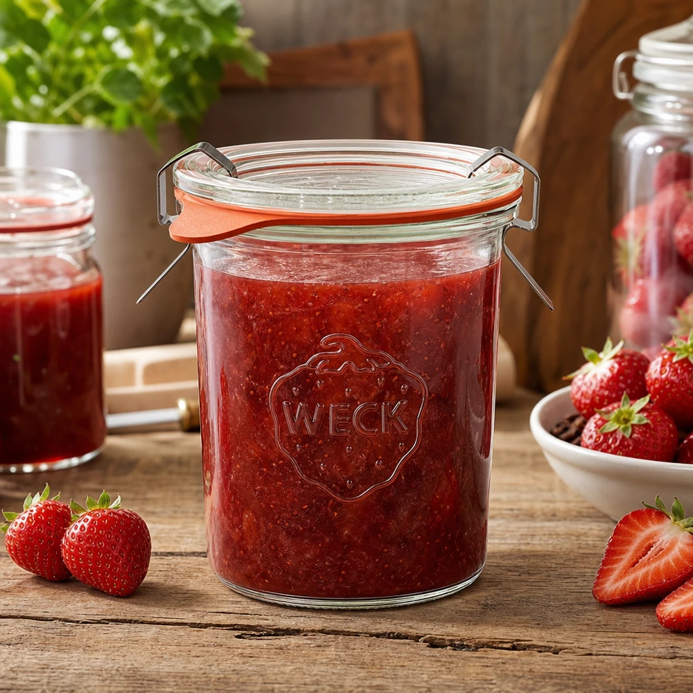 160ml stortglas compleet WECK RR60 WECK inmaakpot 160ml gevuld met aardbeienjam op houten tafel met verse aardbeien en keukensfeer