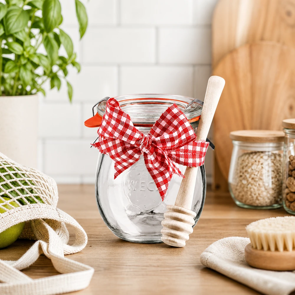 WECK tulpenpot 220ml compleet met honinglepel en strik WECK mini tulpenpot 220ml in duurzame keuken met houten honinglepel, rood-witte strik en eco accessoires