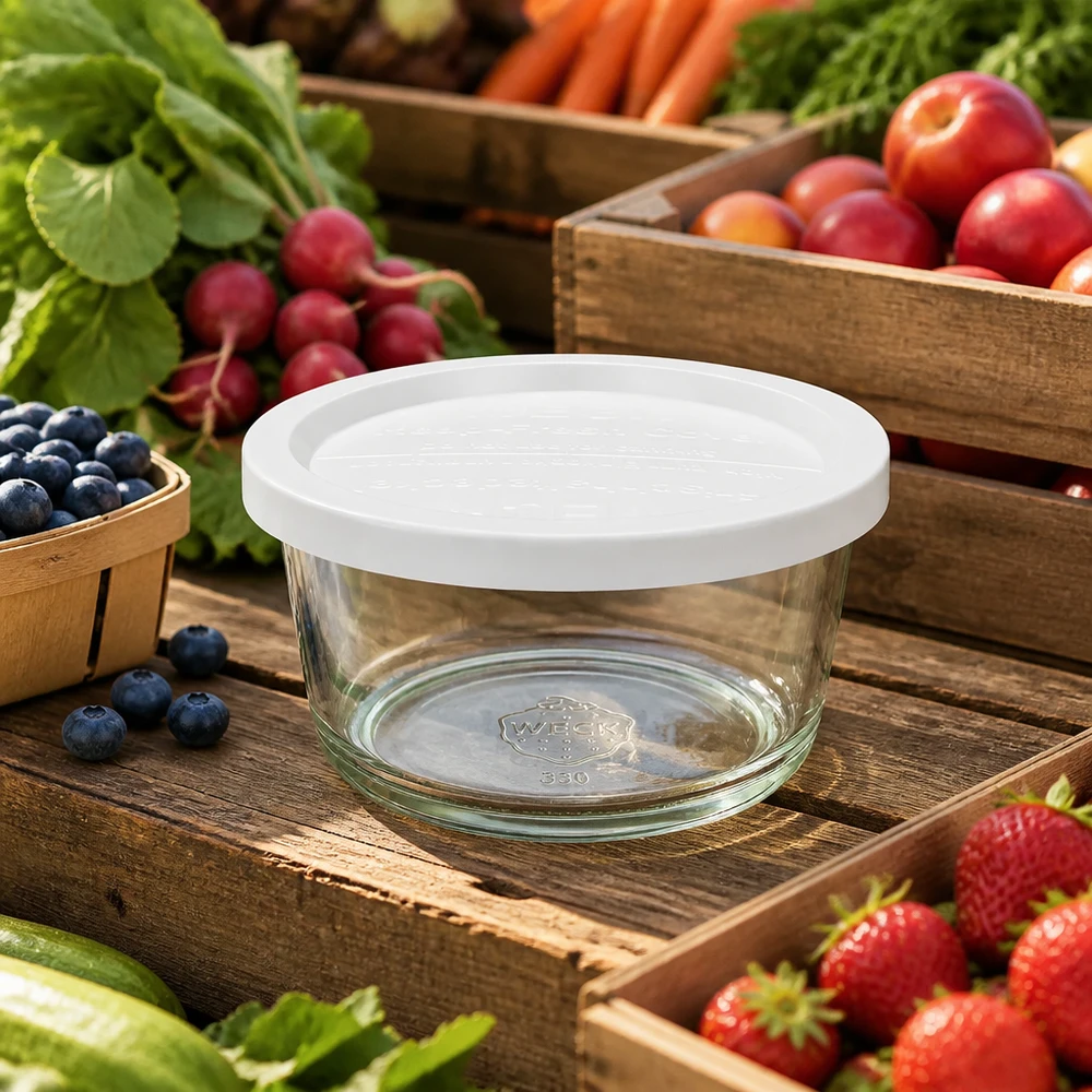 WECK gourmetpot 450ml RR120 met keep-fresh deksel omringd door vers fruit en groenten op houten kratten