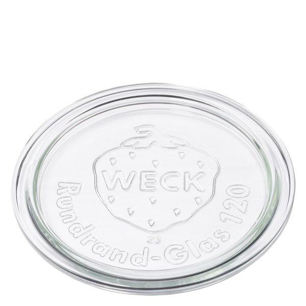 WECK glazen deksel RR120 WECK glazen deksel RR120 van transparant glas met reliëf WECK logo en ronde rand glas 120 opschrift