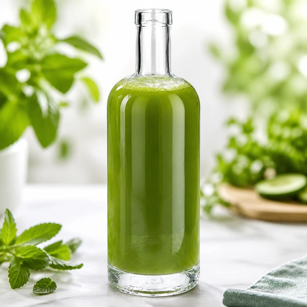 750 ml glazen fles Emma zonder sluiting UNiTWIST® Glazen Emma-fles van 750 ml gevuld met groene inhoud in een natuurlijke omgeving versierd met munt en planten