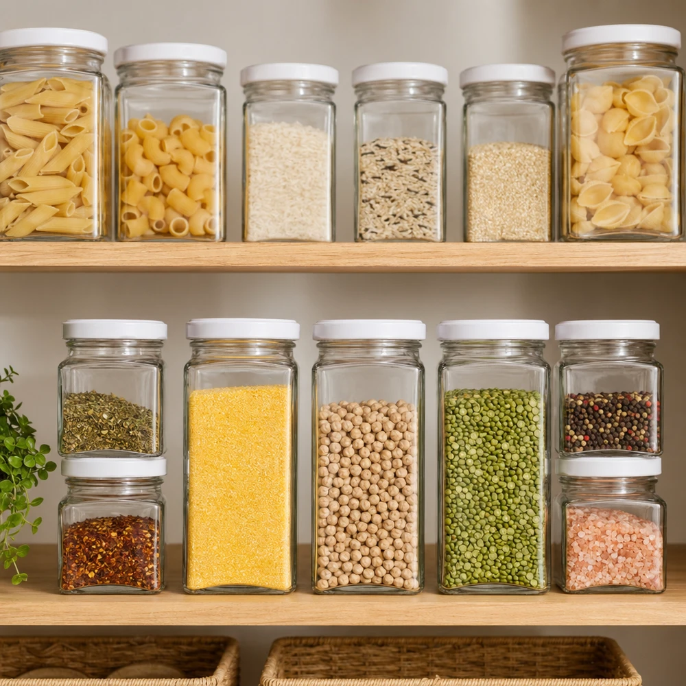 260ml tetraglas met BasicSeal deksel wit UNiTWIST Tetrapotjes van 260 ml met witte deksels, gevuld met pasta, rijst, granen en peulvruchten in een georganiseerde voorraadkast