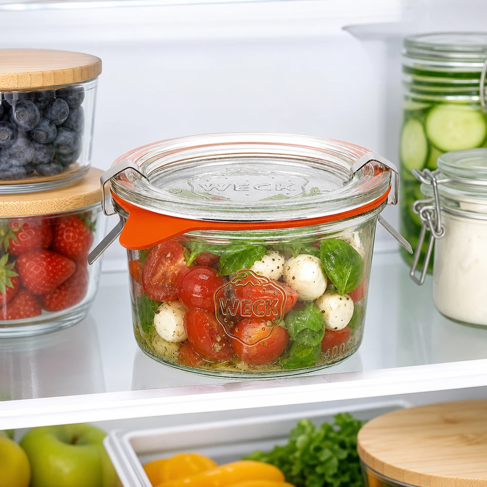 200ml stortglas compleet WECK RR80 WECK 200ml RR80 mason jar in de koelkast gevuld met Caprese salade naast andere voorraadpotten met bessen