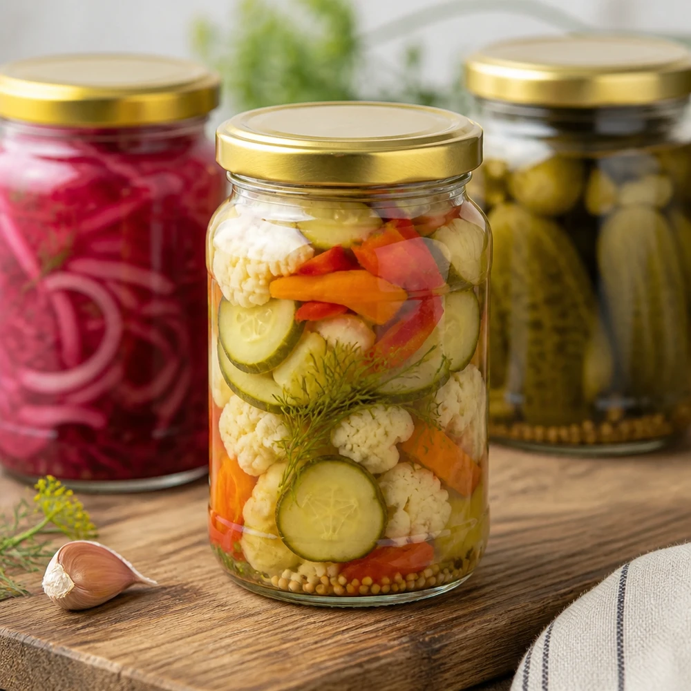305ml rond glas met BasicSeal deksel goud UNiTWIST 305 ml ronde pot UNiTWIST met ingemaakte groenten - inmaakpot met gouden deksel voor augurken en conserven