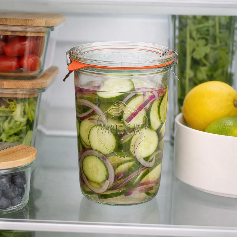 850ml stortglas compleet WECK RR100 WECK RR100 trommels 850ml in de koelkast met ingemaakte augurken en uien voor optimale versheid van levensmiddelen