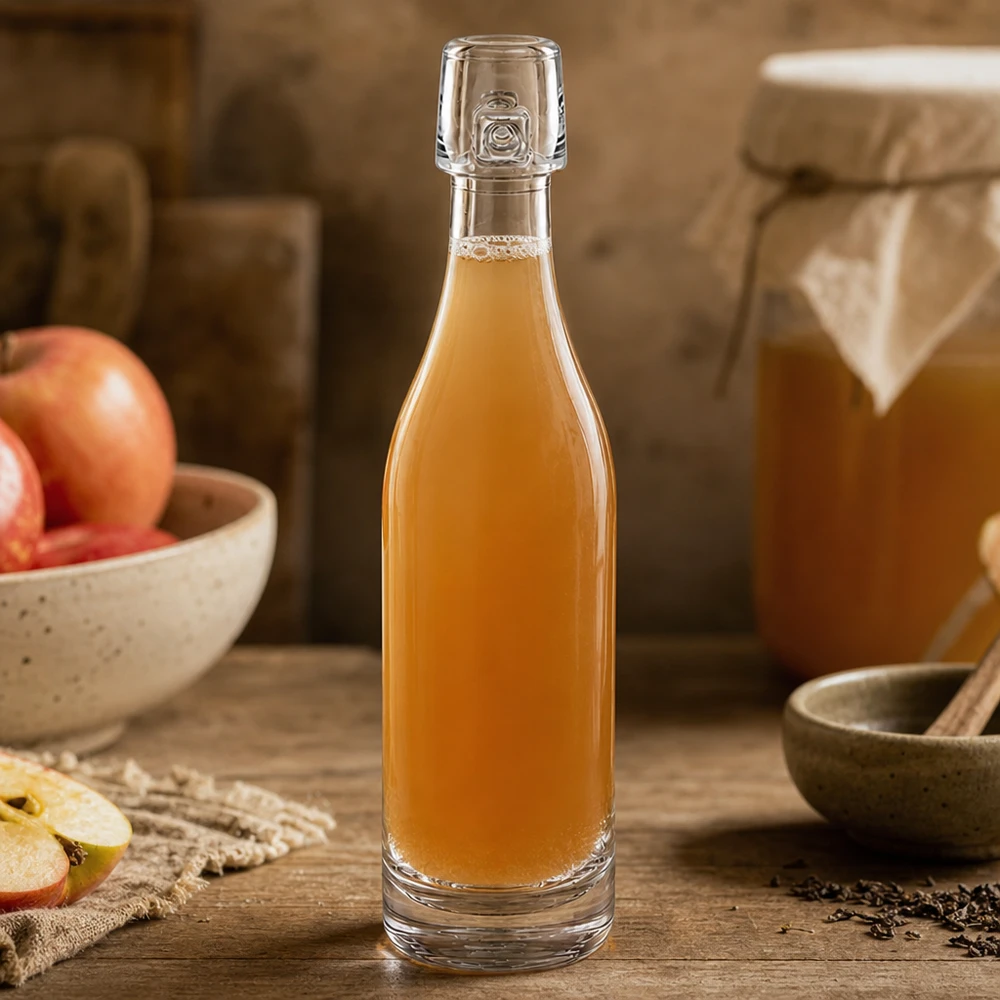 50ml glazen fles UNiTWIST gevuld met appellikeur tussen appelschijfjes en kruiden op natuurlijk hout