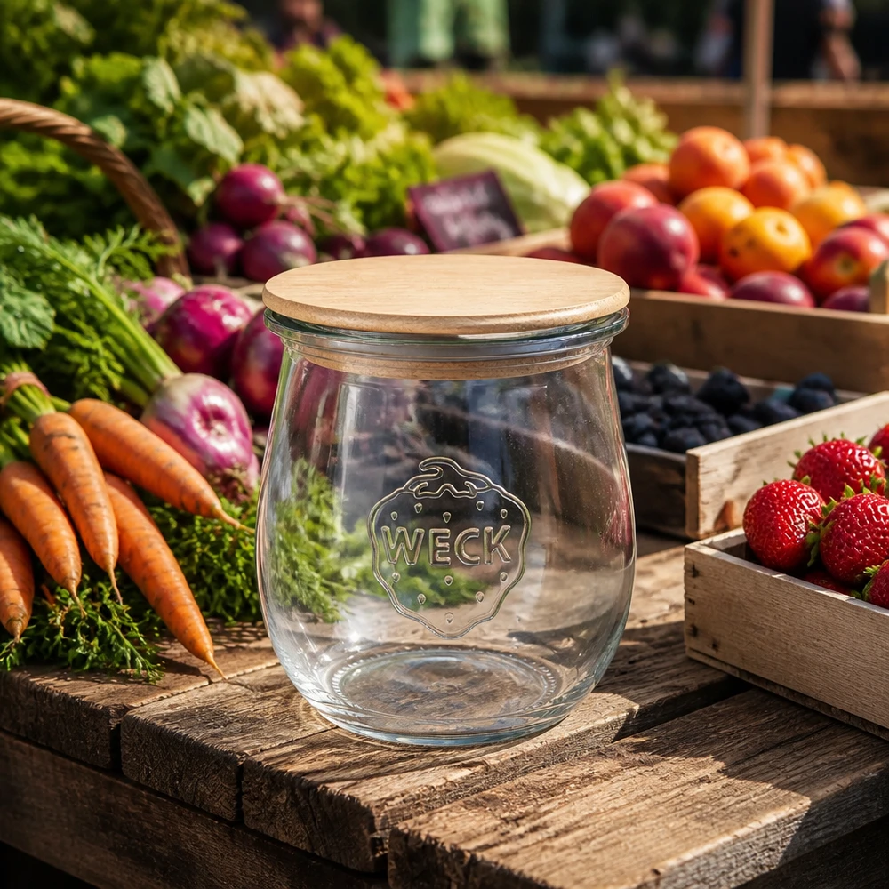 WECK tulpenpot 220ml RR60 met bamboe deksel op houten plank tussen verse marktgroenten en fruit - Duurzame voorraadpot