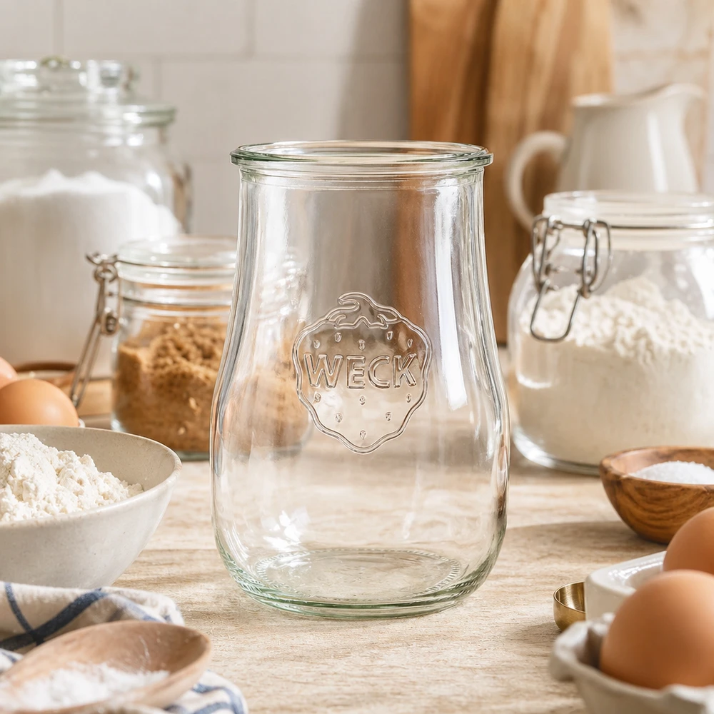 WECK tulp pot 1750ml RR100 in een rustieke keuken setting met eieren, bloem en bak ingrediënten voor opslag