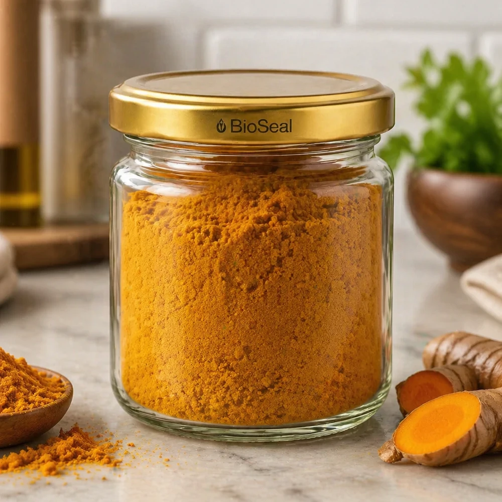 53ml rond glas met BioSeal deksel goud UNiTWIST UNiTWIST Runda53 pot gevuld met kurkumapoeder en gouden TO43 BioSeal deksel in keuken met verse kurkuma