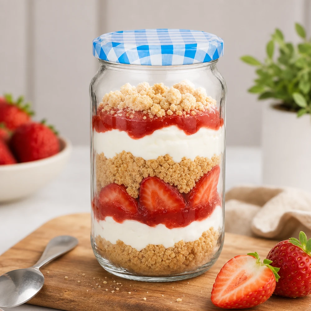1062ml rond glas met BasicSeal deksel blauw/wit UNiTWIST 1062ml ronde dessertpot met aardbeien en room gelaagd dessert, BasicSeal deksel blauw en wit geblokt