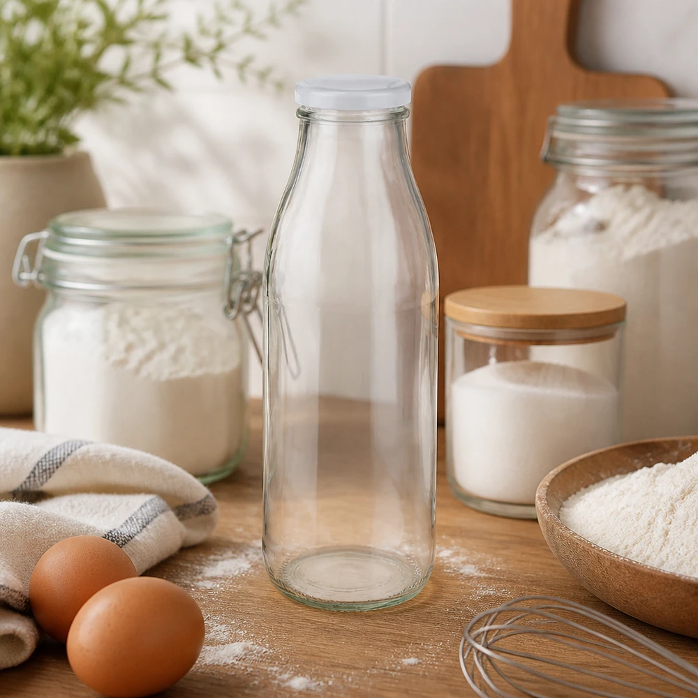 500ml fles met BasicSeal deksel wit UNiTWIST 500ml glazen fles BasicSeal wit in keuken met bakingrediënten bloem eieren en keukengerei baksfeer