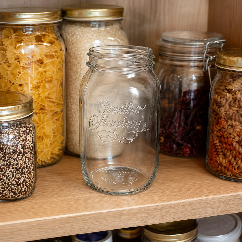 1000ml Quattro Stagioni huishoudpot leeg voor voorraadpotten gevuld met pasta en ontbijtgranen in het keukenkastje