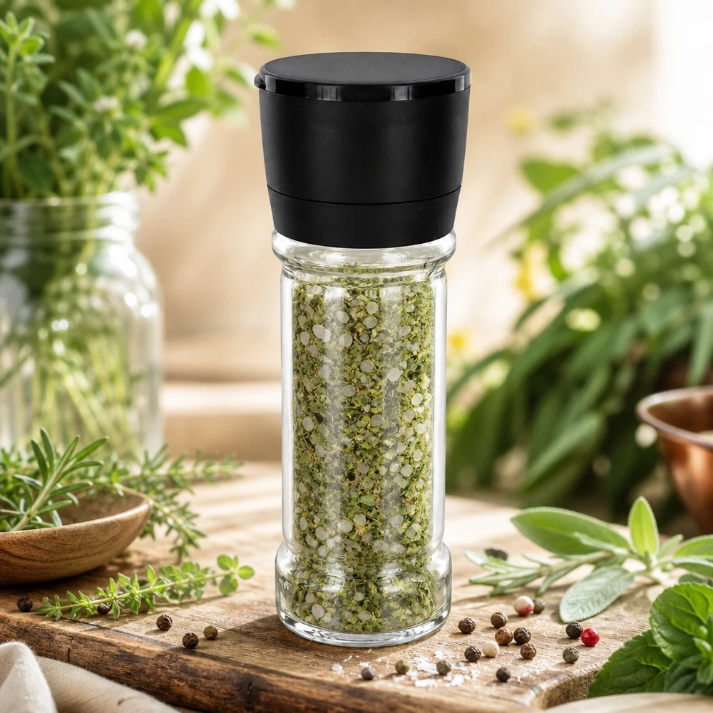 Kruidenzoutpotje van 100 ml met zwarte Vario-molen, gevuld met groene kruiden, op een houten plankje