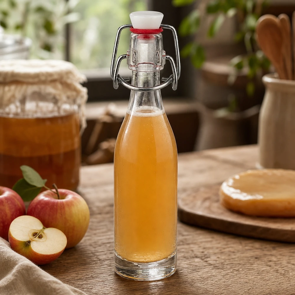 Glazen flesje 50ml + draaidop PVC UNiTWIST 50ml glazen fles met draaidop gevuld met appelsap naast verse appels op een rustieke houten tafel