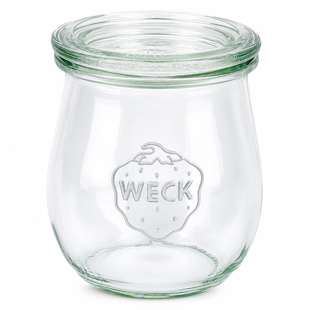 Tulpenpot van 220 ml met glazen deksel WECK RR60 WECK tulpenpot 220ml met glazen deksel RR60 inmaakpot transparant leeg op witte achtergrond