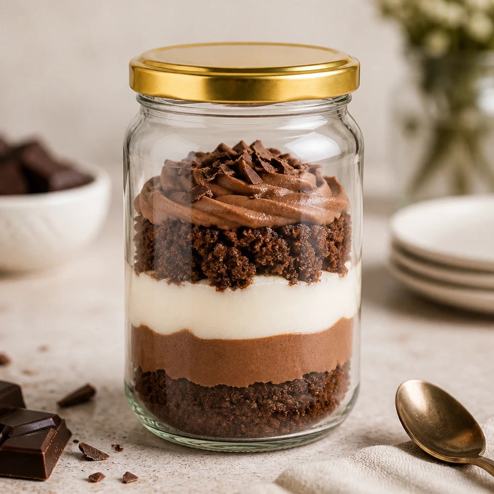 305ml rond glas met BasicSeal deksel goud UNiTWIST 305ml BasicSeal UNiTWIST gouden ronde pot gevuld met chocolade dessert - bewaarpot voor zoete desserts en trifles