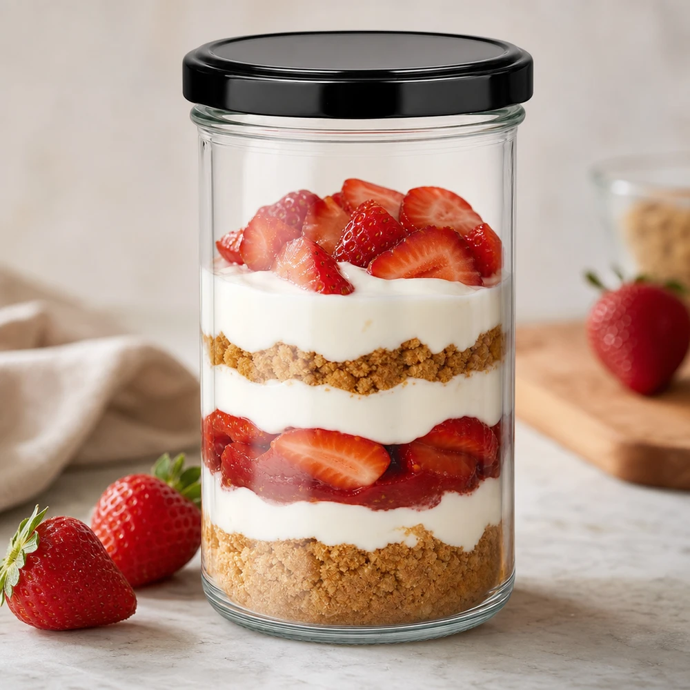 277ml bekers met BasicSeal deksel zwart UNiTWIST 277 ml bekers als dessertpotje voor aardbeientiramisu met BasicSeal deksel zwart gelaagd dessert in een potje