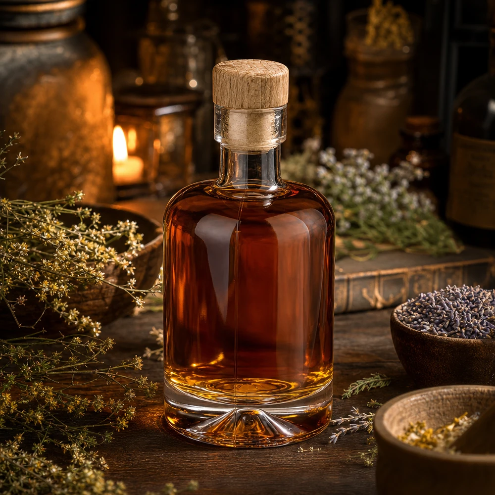 50 ml glazen fles Amelie met houten handgreep UNiTWIST 50ml glazen fles Amelie gevuld met amberkleurige spiritus tussen kruiden en specerijen sfeervol verlicht