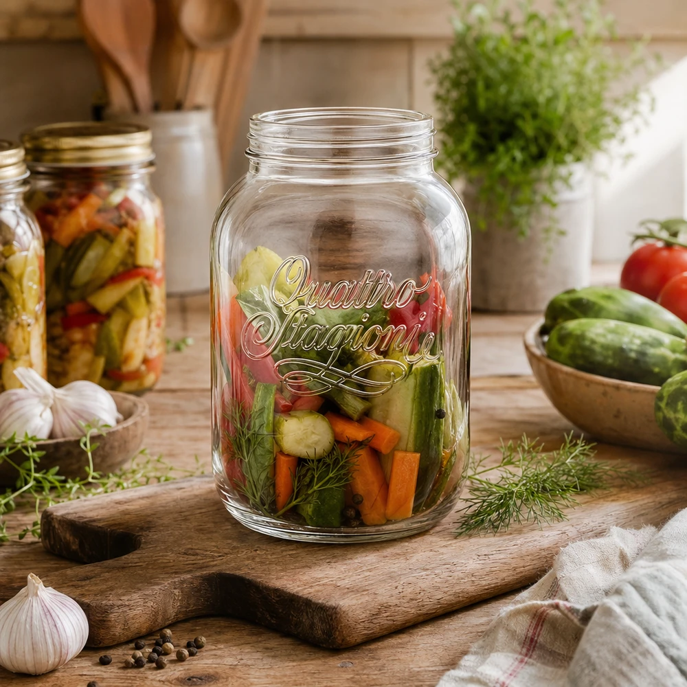Quattro Stagioni inmaakpot 3000ml met ingemaakte groenten op een houten plank in een rustieke keuken