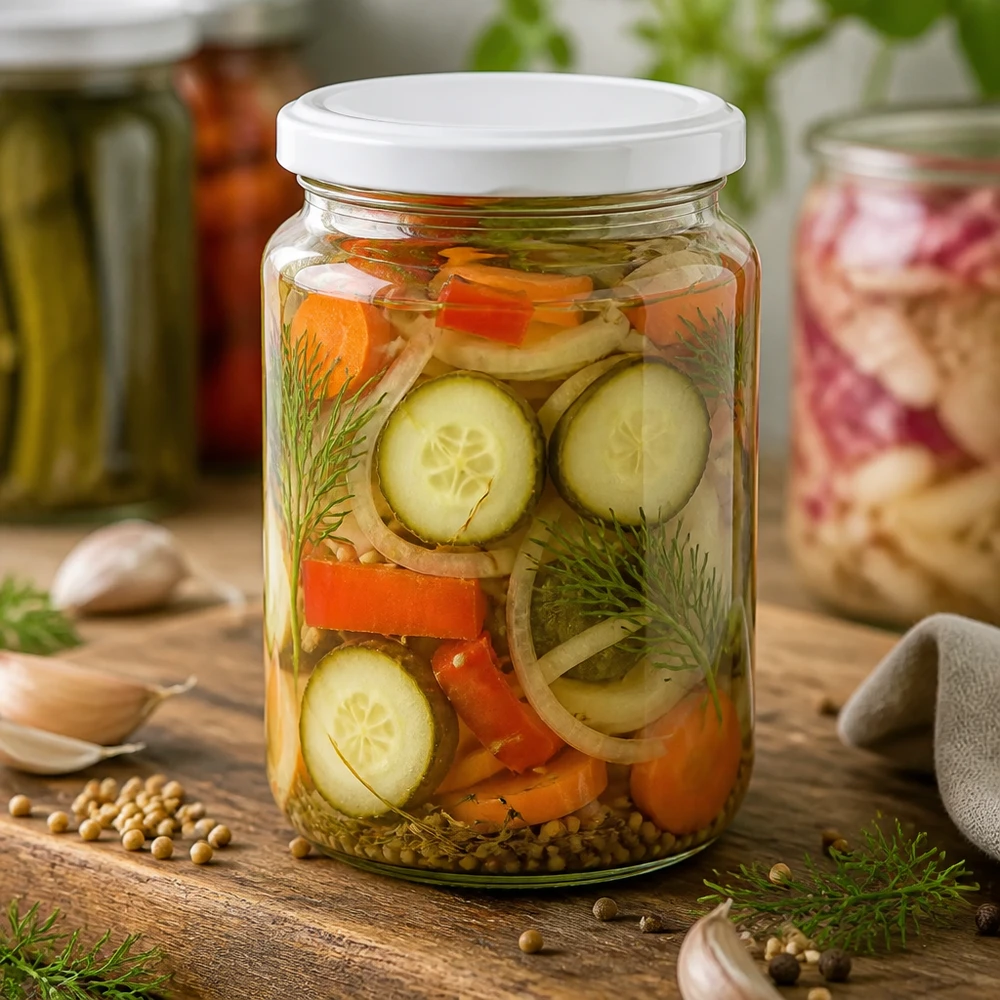 795ml rond glas met BasicSeal deksel wit UNiTWIST 795ml Rundglas gefüllt mit eingelegtem Gemüse zeigt praktische Verwendung für Konservierung und Meal Prep