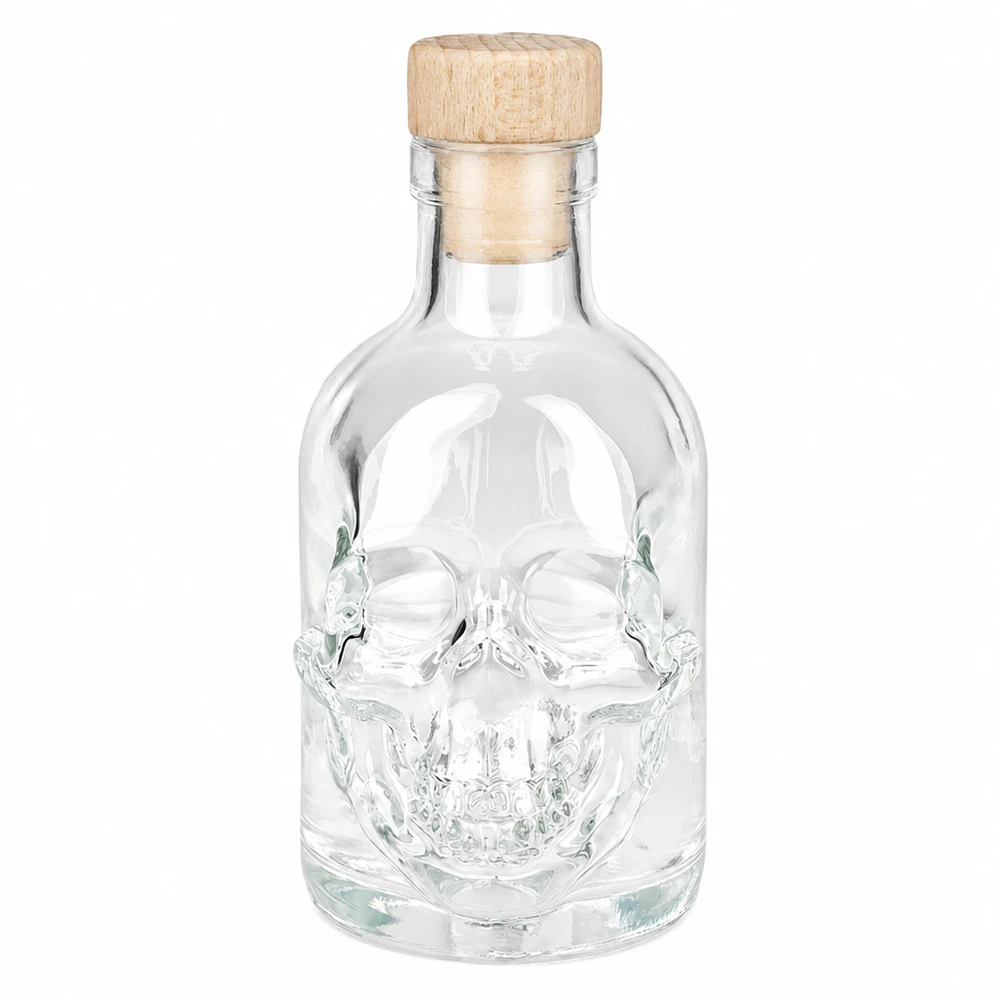 200 ml glazen fles Jack met houten kurk UNiTWIST® 200 ml glazen Jack-fles met doodshoofdontwerp en houten kurk, lege gedistilleerde drankfles met schroefdop