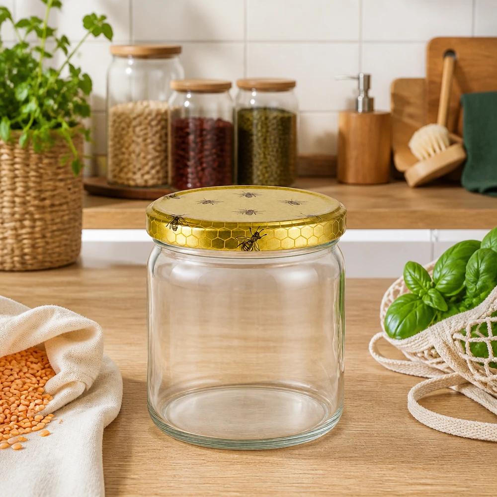 408ml rond glas met BasicSeal deksel Honingraat UNiTWIST Lege ronde pot van 408 ml met BasicSeal honingraatdeksel in duurzame keuken met voorraadpotjes en kruiden