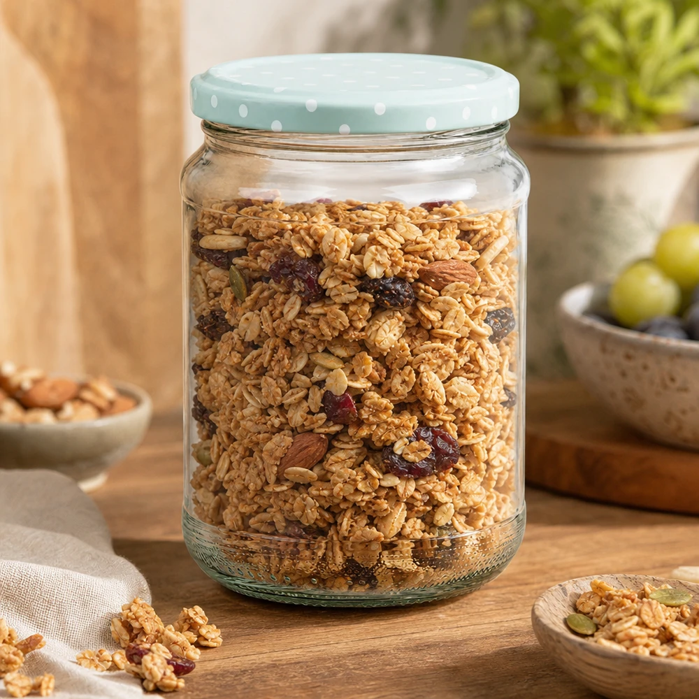Ronde pot van 375 ml + deksel BasicSeal mint lichtpuntjes UNiTWIST 375ml Rundglas BasicSeal Deckel mint Punkte Müsli Granola Nüsse Trockenfrüchte Frühstück Vorratsglas Küche