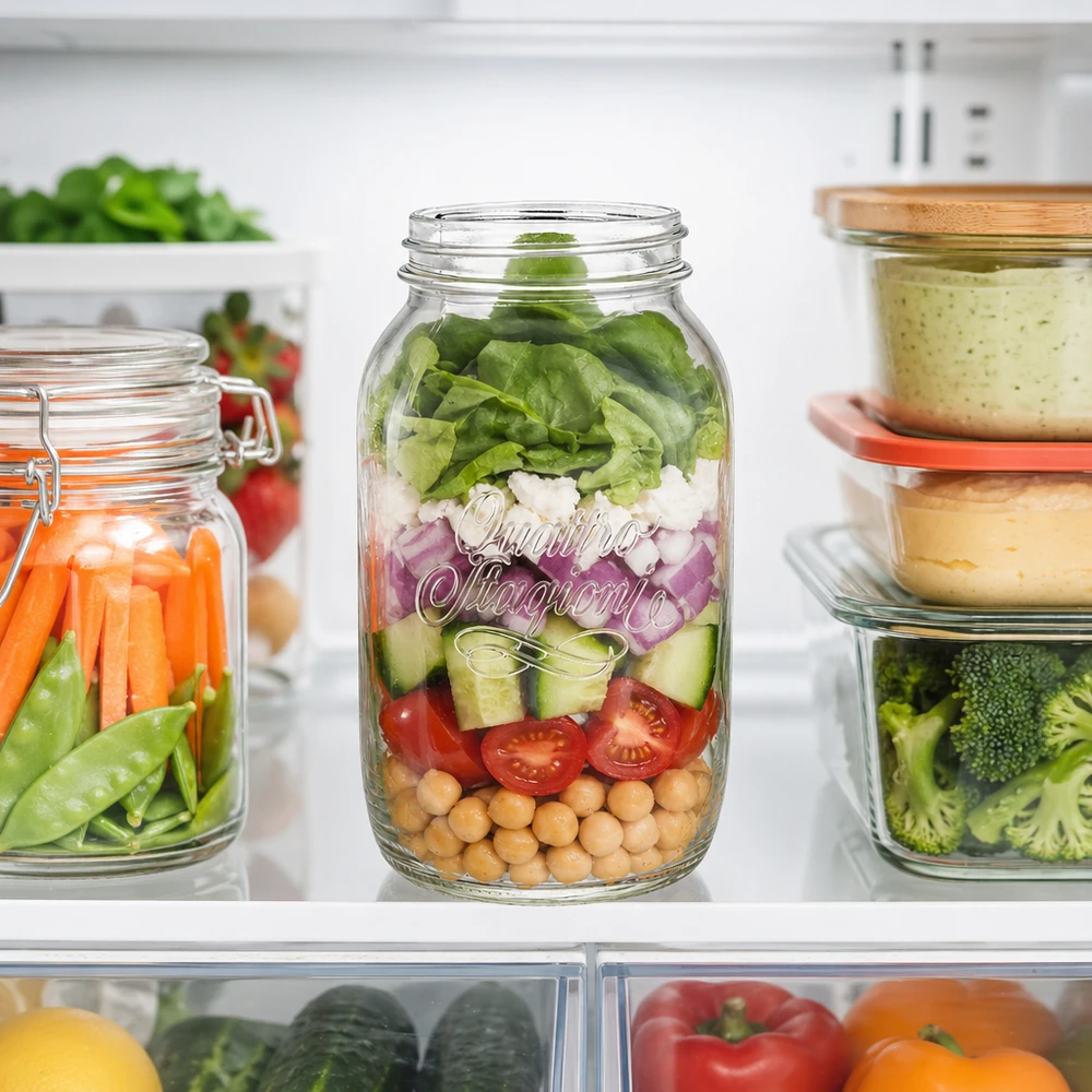 1500 ml Quattro Stagioni huishoudpot gevuld met gelaagde salade in de koelkast naast andere voorraadpotten met groenten