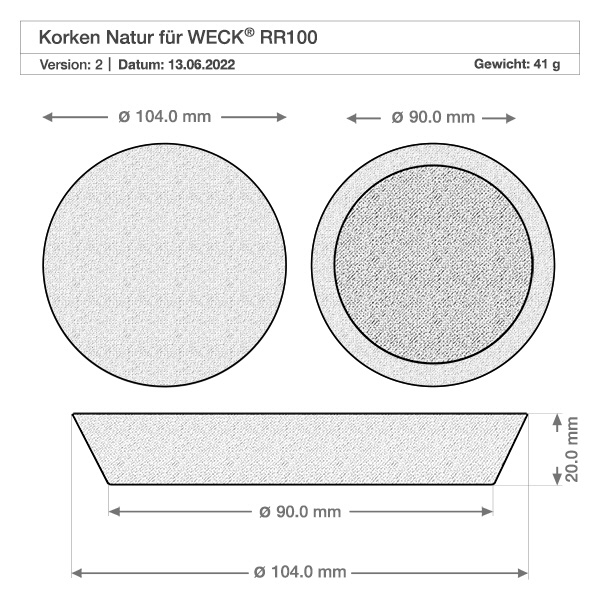 580ml tulpenglas WECK RR100 met kurk Technische tekening WECK kurk naturel voor RR100 pot met afmetingen diameter 104mm en 90mm hoogte 20mm