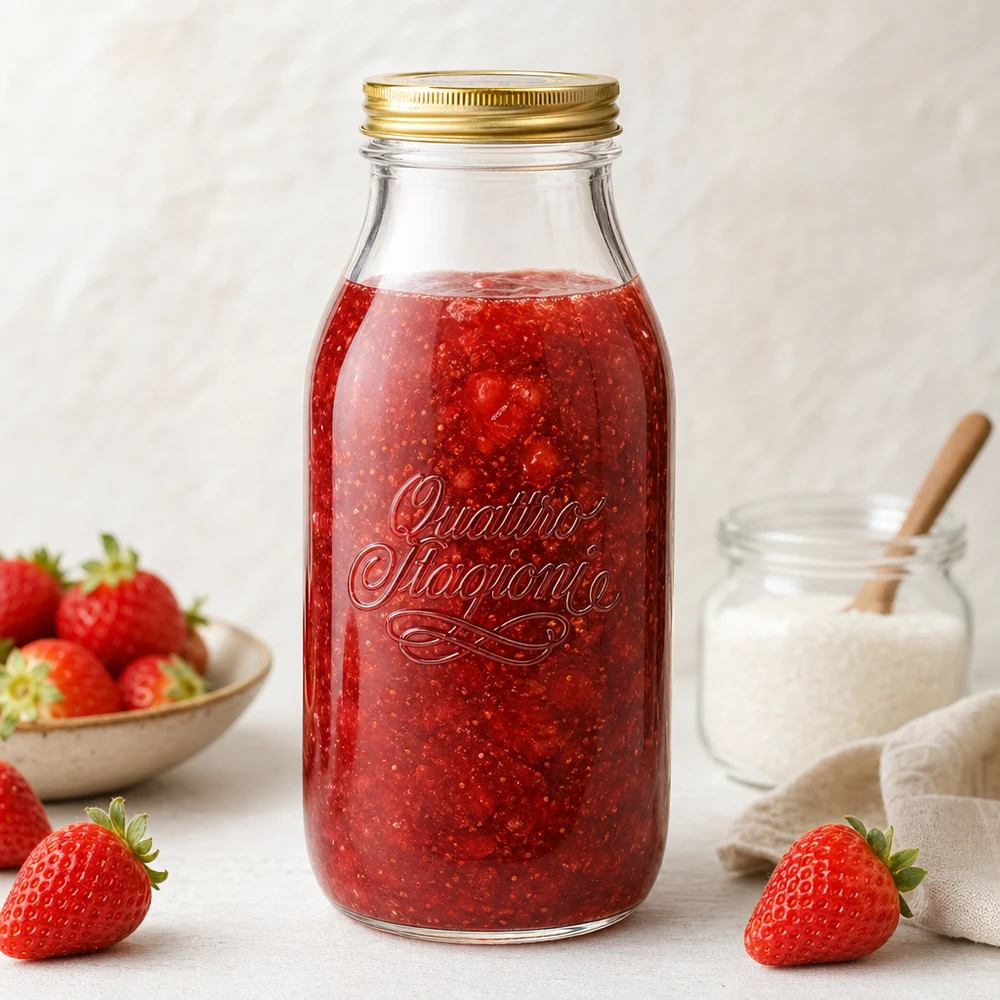 Quattro Stagioni 1000ml glazen fles gevuld met aardbeienjam, omringd door verse aardbeien en melkglas