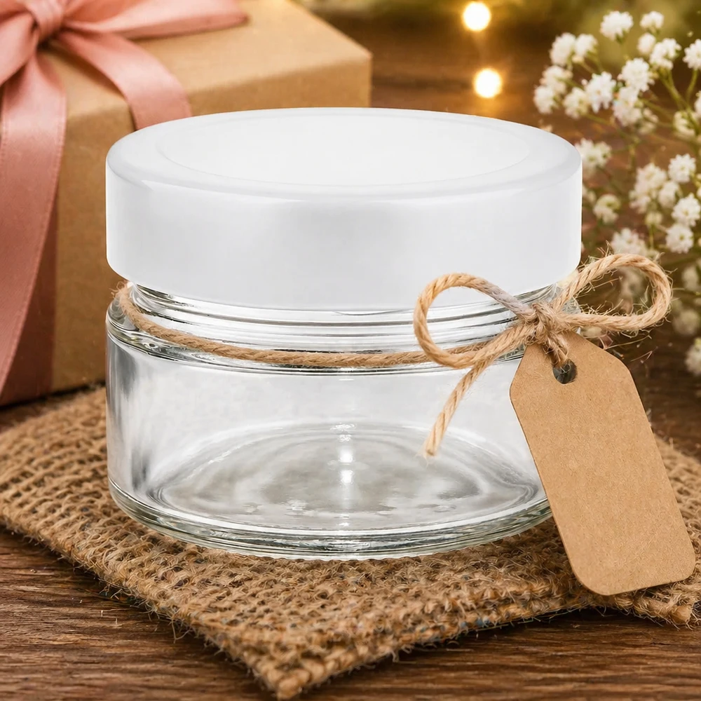 80ml rond glas met BasicSeal deksel wit deep UNiTWIST 80 ml ronde pot met wit deksel decoratief gepresenteerd met geschenkverpakking en jute koord banderol