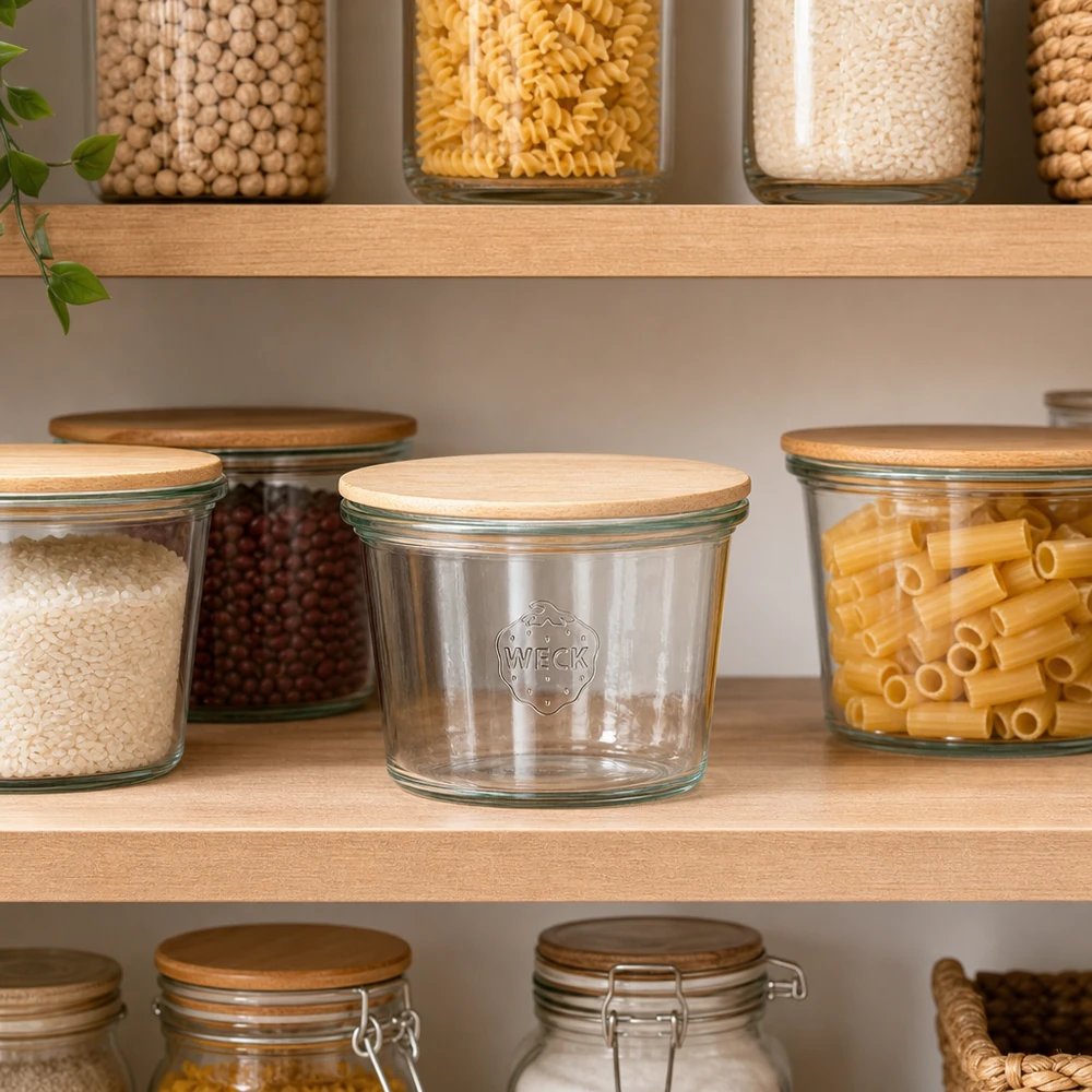 WECK mini mason jar 50ml leeg in georganiseerde opbergkeuken tussen gevulde potten pasta en peulvruchten