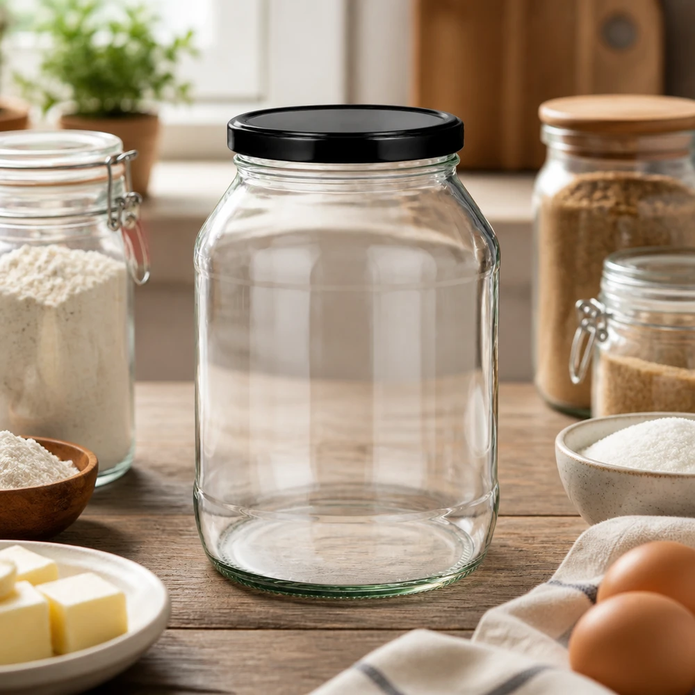 2650ml rond glas met BasicSeal deksel zwart UNiTWIST 2650ml ronde pot met zwart BasicSeal deksel in keukenomgeving tussen voorraadpotten en bakingrediënten