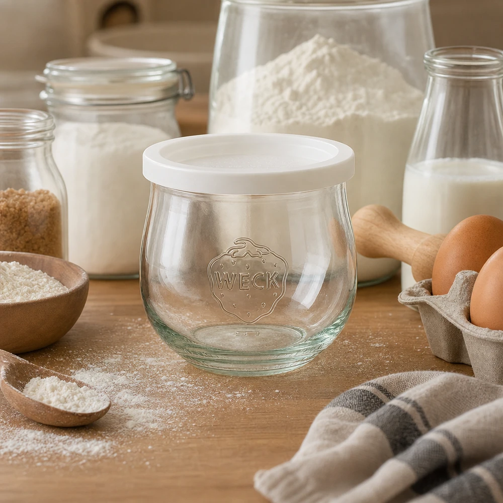 WECK tulpenpot 370ml RR80 met vers deksel in bakscène met bloem, eieren en melk op houten werkblad