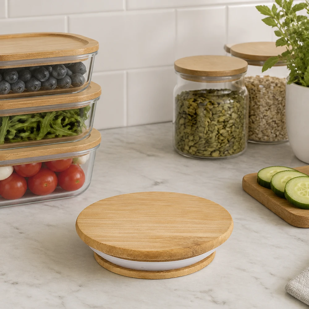 Houten deksel WECK RR40 WECK houten deksel RR40 eiken uitvoering A in moderne keuken met voorraadpotten Lifestyle toepassing praktisch opbergen