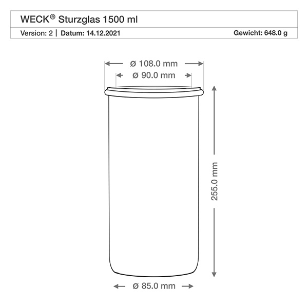 1500ml stortglas met glazen deksel WECK RR100 Technische tekening WECK beker 1500ml RR100 met afmetingen, diameter 108mm, hoogte 255mm, gewicht 648g
