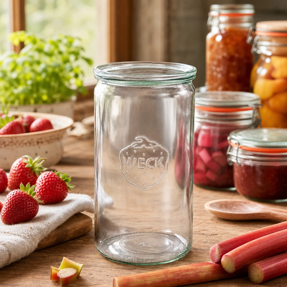 1590ml cilinderglas met glazen deksel WECK RR100 WECK inmaakpot 1590ml in rustieke keuken met jampotten aardbeien rabarber kookaccessoires glazen deksel