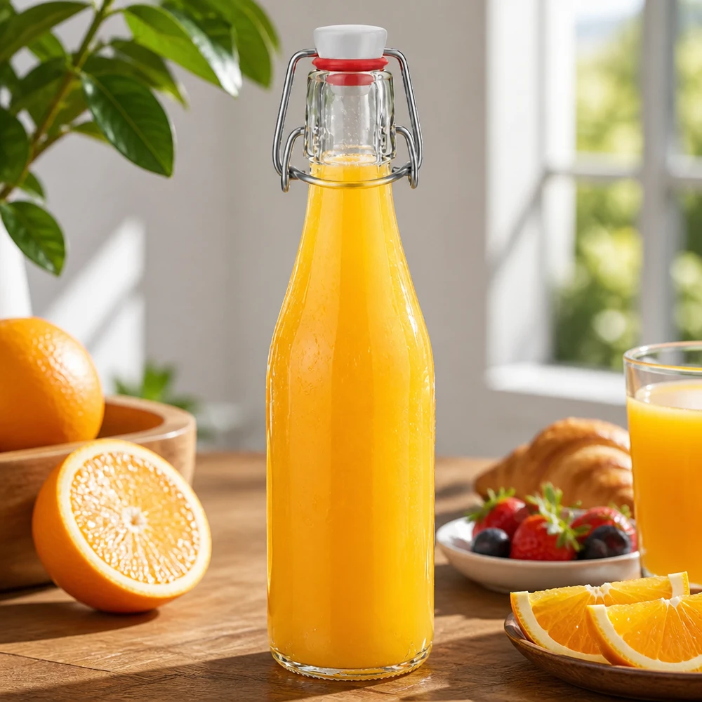 250ml glazen fles met draaidop gevuld met sinaasappelsap, decoratief keukentafereel met verse sinaasappels en bessen