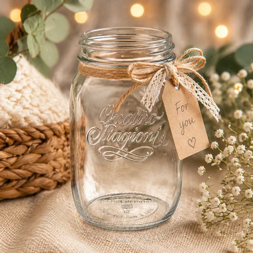1000ml Quattro Stagioni huishoudglas met rustieke decoratie en For You hanger op een natuurlijke achtergrond