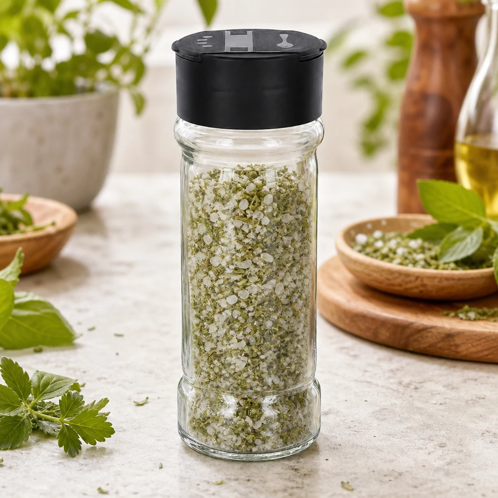 Zout-/kruidenpotje 100 ml met dubbele strooier, zwart Ronde glazen kruidenpot van 100 ml met dubbele strooier, zwart, en mediterrane kruiden