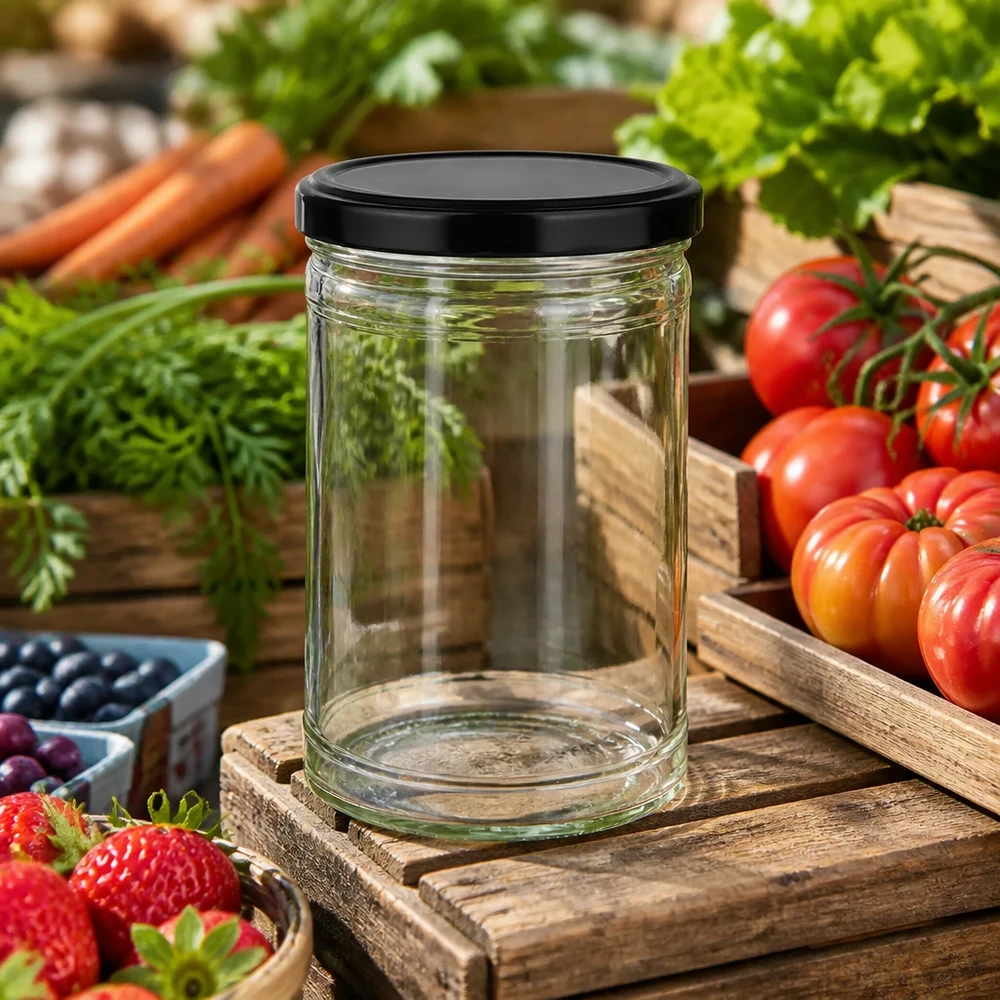 1053ml beker met BasicSeal deksel zwart UNiTWIST Lege 1053ml mason jar met zwart deksel op houten plank omringd door verse groenten tomaten wortelen aardbeien