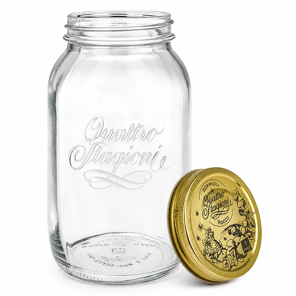 1500 ml rond glas "Quattro Stagioni" met deksel Quattro Stagioni inmaakpot 1500ml met apart gouden deksel detailaanzicht italiaanse inmaakpot