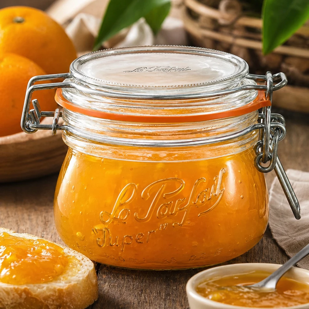 Le Parfait® pot 250 ml Ø70 mm voorraad 250 ml Le Parfait Super voorraadpot met draaidop gevuld met sinaasappelmarmelade op een houten tafel met verse sinaasappels