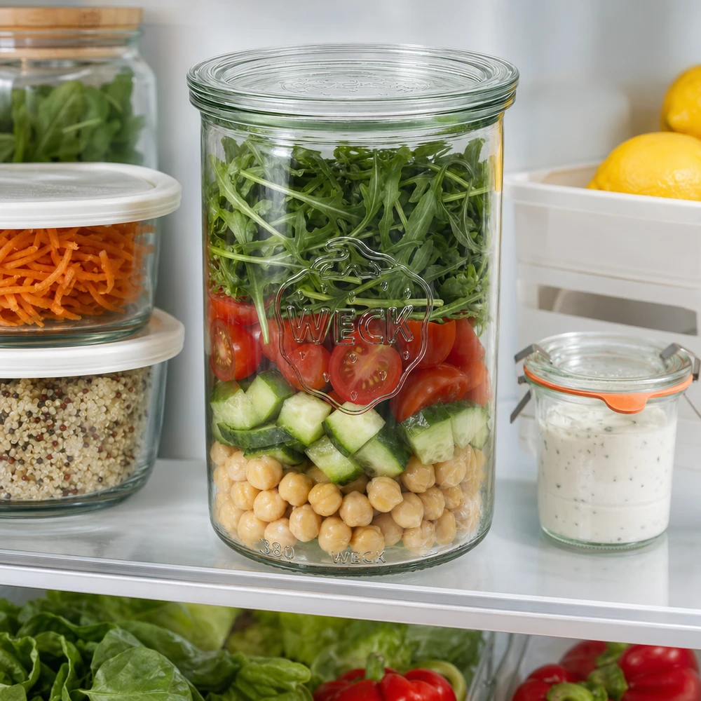 1000ml stortglas met glazen deksel WECK RR100 WECK 1000ml RR100 mason jar in de koelkast met salade meal prep naast andere voorraadpotten met kikkererwten