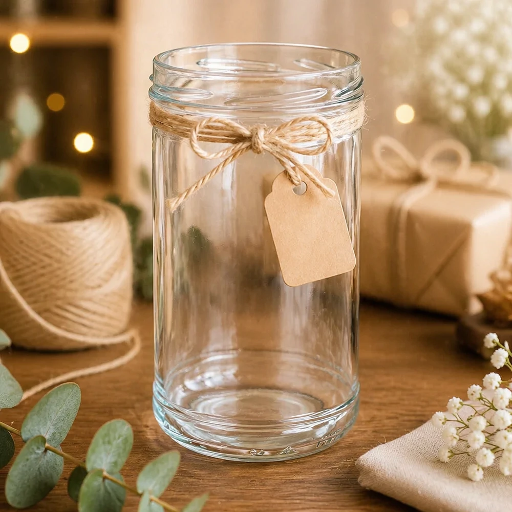 UNiTWIST bekers 1053ml met rustieke decoratie jute koord en geschenklabel gerangschikt op een houten tafel