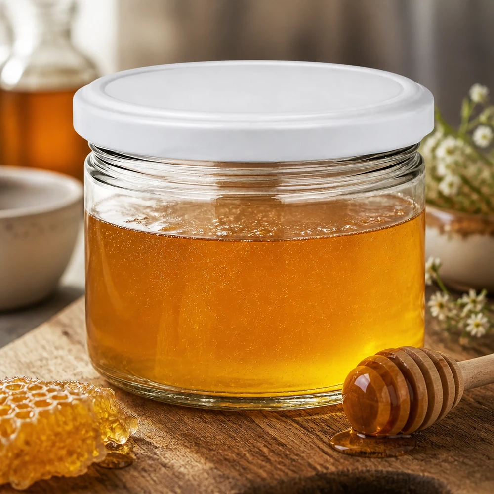 540ml rond glas met BasicSeal deksel wit UNiTWIST 540ml Rundglas BasicSeal weiß gefüllt mit goldenem Honig neben Bienenwabe - hochwertiges Glas für Imkerei-Produkte