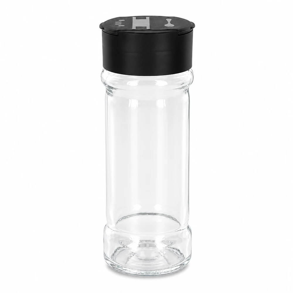 Ronde, doorzichtige glazen pot van 100 ml met een zwarte schroefdop en een verstelbare strooiplaat